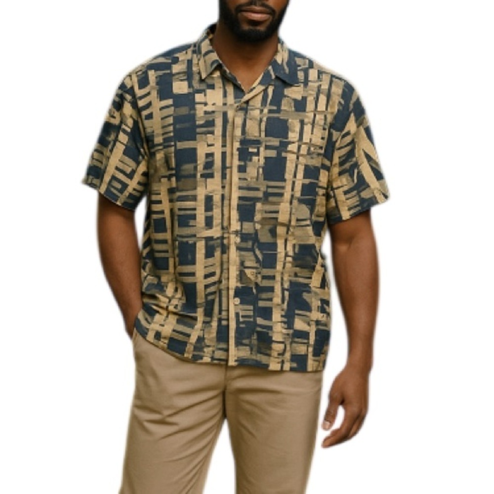 POINT ZERO Mens Print Plisse Shirt Orange Label Tan Navy Retro 80s Vibe Size M